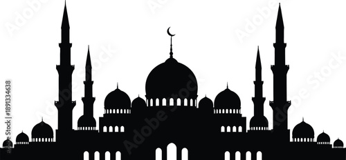 Mosque silhouette design, Islamic architecture, black vector, crescent dome, minaret structure, religious building, cultural art, worship place, traditional style