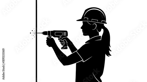 Woman wearing hard hat drilling into wall with power drill.