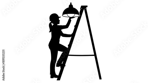 Woman on ladder changing light bulb in simple black silhouette.