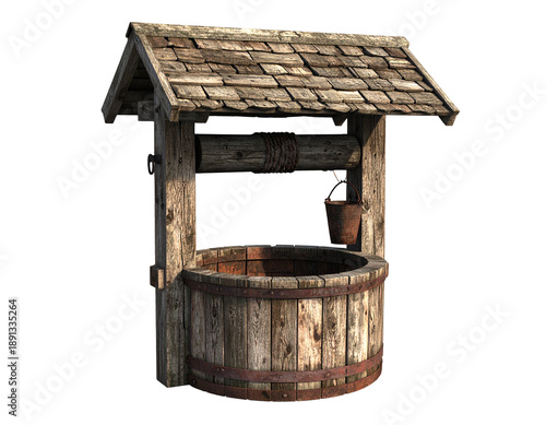 Rustic wooden well with bucket and rope, aged structure, outdoor