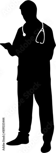 Silhouette of Male Doctor or Nurse in Scrubs with Stethoscope Using Digital Tablet or Smartphone