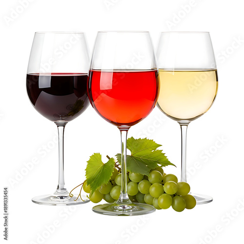 Three wine glasses with red rose and white wine and grapes isolated on Transparent Background