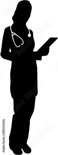 Silhouette of Female Doctor or Nurse Wearing Scrub Suit and Stethoscope Holding Clipboard
