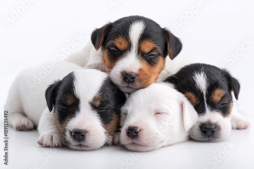 Four newborn puppies sleeping peacefully on white background