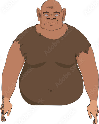 Chubby bald tribal chief or man in front pose, big belly, wearing minimal brown garment, primitive native figure vector art, cartoon isolated for cultural heritage, history and character projects.