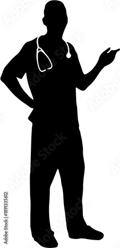 Full body silhouette of a male doctor or nurse wearing scrubs with stethoscope