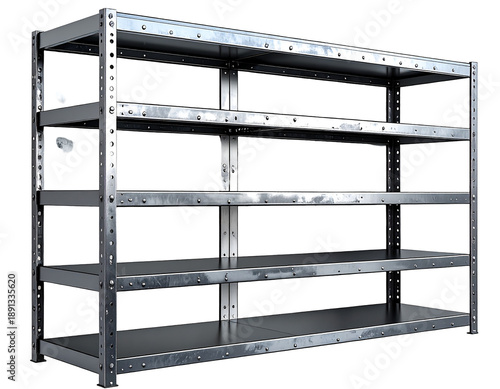 Galvanized metal shelving unit with four levels, bolted construction, for storage