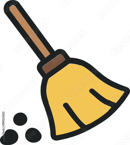 Yellow broom sweeping dark dust particles simple flat icon for cleaning services and household chores isolated on white background