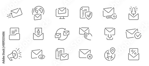 Email icon collection in line style. Set of e-mail and letter signs. Web symbols for websites or applications