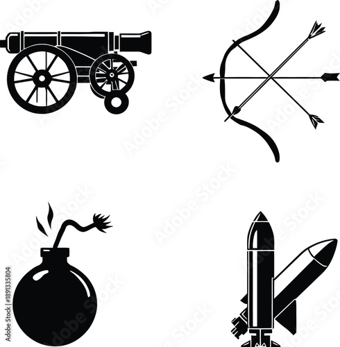A collection of black silhouettes depicting various weapons on a white background silhouette