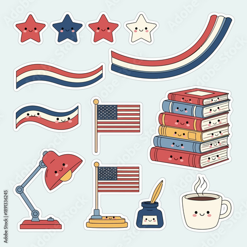 Collection of patriotic elements including flags, stars, and educational items on a clean background viewed from directly above