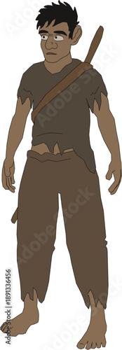 Fierce bearded tribal warrior holding spear, dark skin, loincloth, standing pose, primitive islander character vector illustration, ancient native fighter for adventure and history themes.