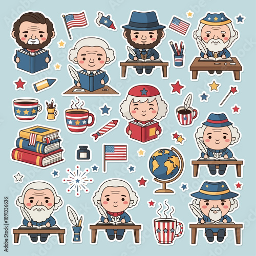 Cartoon characters at desks surrounded by US flags and stars, symbolizing patriotism and learning in a festive atmosphere