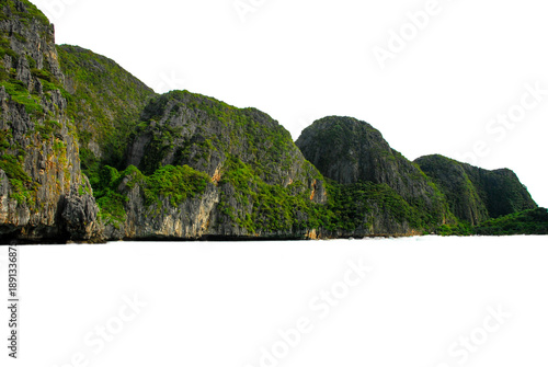 Wooded mountain on Koh Phi Phi island, rocky cliff, isolated island in the middle of the sea - tropical natural landscape, hill, mountain. Isolated against a transparent background.