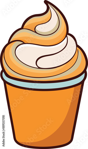 Delicious cartoon illustration of an orange cupcake featuring a tall swirl of creamy frosting perfect for confectionery advertisements or celebratory graphic design projects needing a sweet treat.