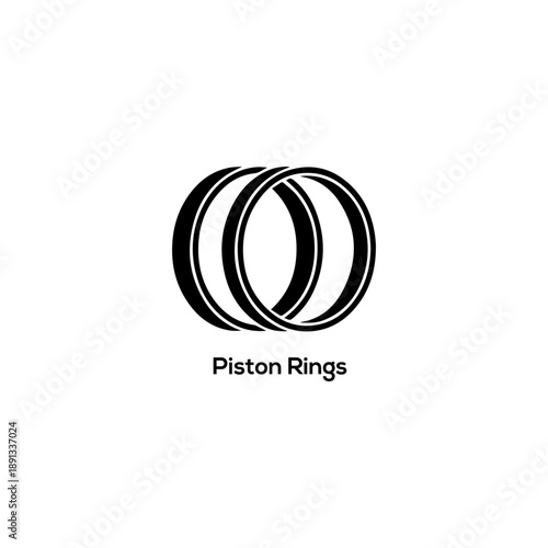 Minimalist black and white vector logo illustration of three overlapping piston rings for automotive engine parts and mechanical engineering.
