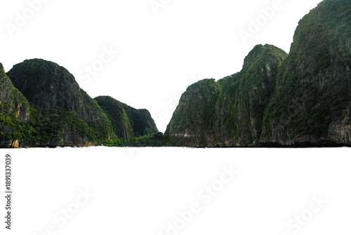 Wooded mountain on Koh Phi Phi island, rocky cliff, isolated island in the middle of the sea - tropical natural landscape, hill, mountain. Isolated against a transparent background.