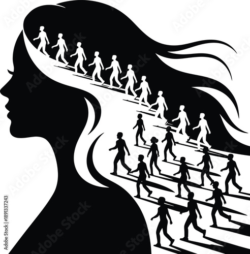 Profile silhouette of woman’s face with flowing hair transitioning into small people figures