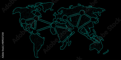 World Map with Decentralized Data Network Nodes and Cyan Neon Connectivity Mesh
