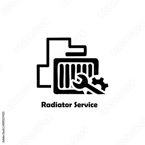 Radiator Service Icon with Wrench and Gear, Automotive Cooling Repair, Car Maintenance Logo, Garage Mechanic, Heating System Symbol Vector