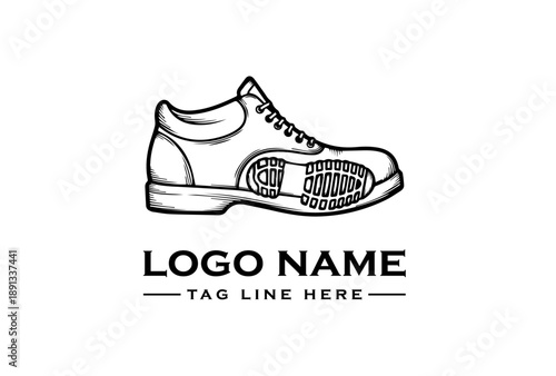 Black and white line drawing of a right-footed sneaker with placeholder text for a logo name and tagline on a clean white background.