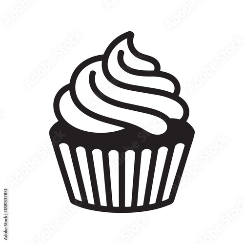Cupcake with swirled frosting in minimalist style with bold black and white contrast for bakery branding