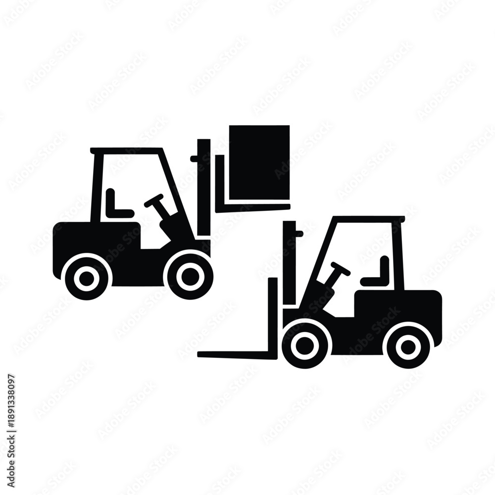 Naklejka premium Two black forklift trucks lifting a cargo box simple graphic illustration