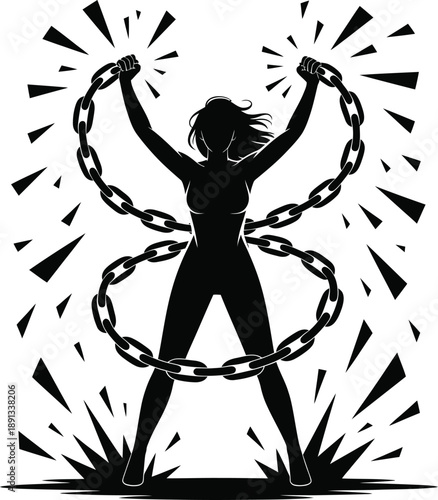 Silhouette of woman breaking a chain that forms a circle around her, small fragments flying out