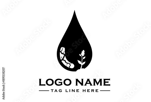 Black logo design featuring a teardrop shape with a leaf and a seedling on a white background with space for a name and tagline.