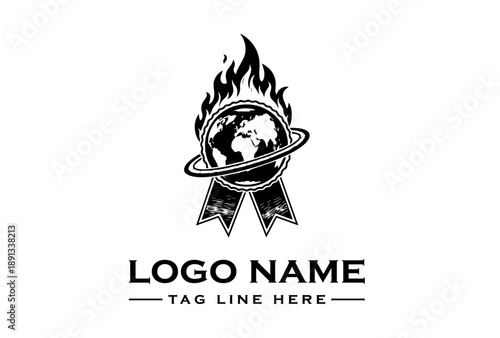 Black and white logo design featuring a flaming globe with a ribbon on a clean white background.