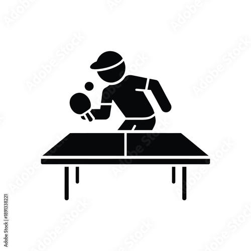 Simple black icon depicting a person playing table tennis indoors