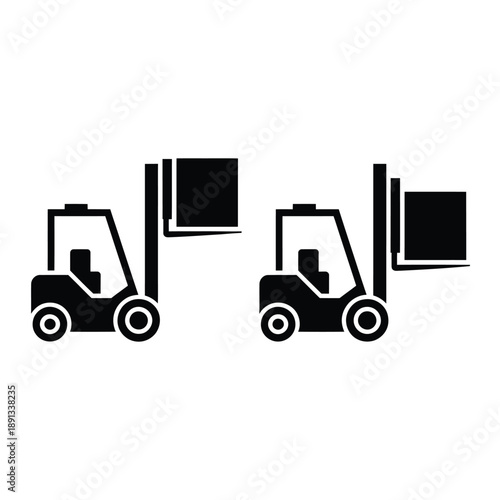 Two black forklift icons lifting rectangular loads simple graphic design