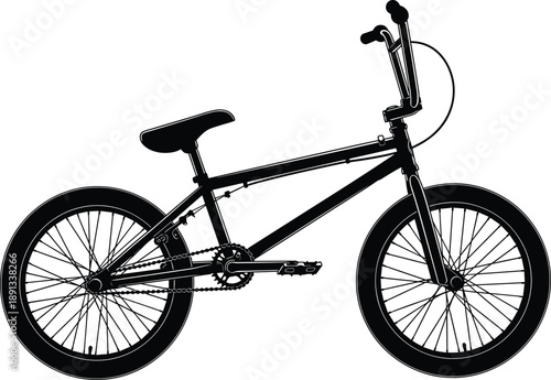 BMX bicycle silhouette illustration, black white freestyle bike side view for extreme sports, cycling, urban lifestyle graphic design
