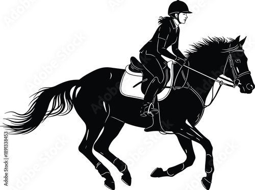 Equestrian rider silhouette jumping horse, black white show jumping sport illustration for equine competition, training, outdoor lifestyle design concepts