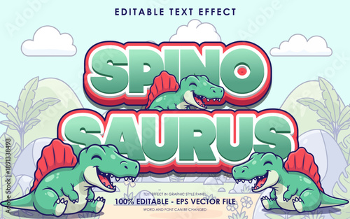 Editable text effect featuring a Spinosaurus dinosaur in a cartoon style.