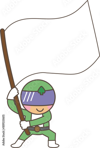 白い横断幕を構える緑のヒーローキャラクター｜説明・サポート素材