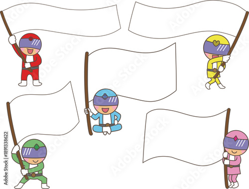 白い横断幕を掲げる5色ヒーローセット｜メッセージ記入可能な告知・案内イラスト素材