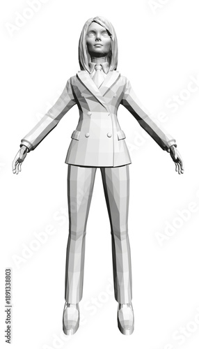 A confident female executive in a tailored suit and tie stands with arms outstretched against a clean white background. Her stylized look features a high-collared jacket and trousers with her hair.