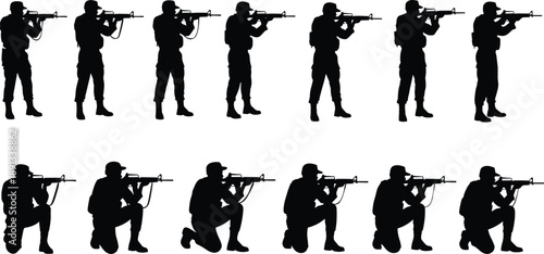 Military soldier aiming rifle silhouettes collection, black white armed forces combat stances for tactical training, defense security illustration design