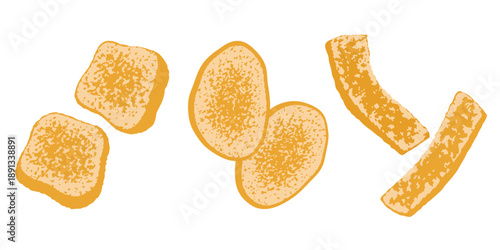 Vector illustration of different dry bread rusks. Food icon of croutons.