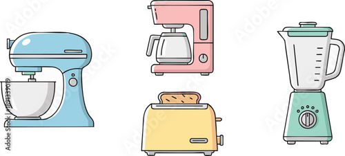 Charming kitchen appliance illustrations in a playful hand-drawn doodle style for cheerful designs.
