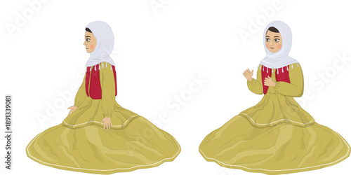 Two traditional Middle Eastern women sitting in long dresses and headscarves, one in pink one in yellow, cultural pair vector illustration, ethnic folk characters for heritage and scene design.