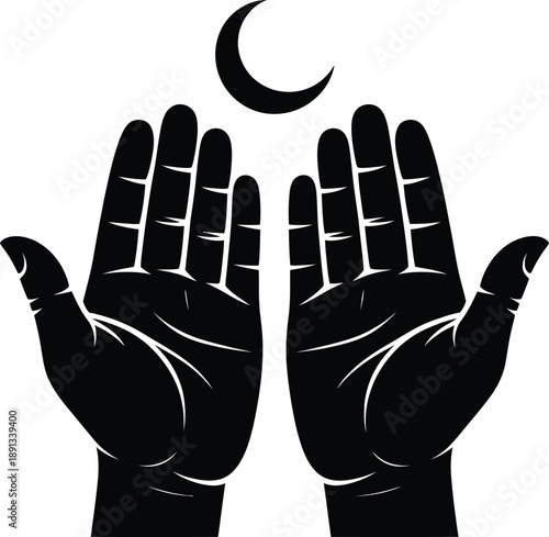 Hands in prayer with crescent moon