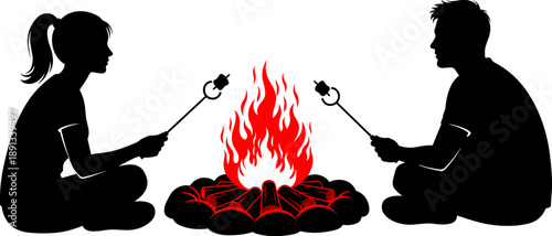 Silhouette of a couple roasting marshmallows over a red campfire at night, romantic camping adventure with man and woman vector