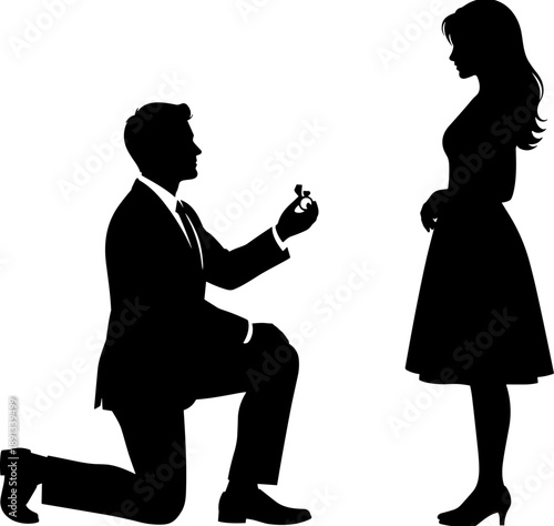 Silhouette of a man kneeling and proposing with a ring to a woman, romantic engagement concept on a white background