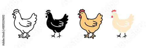 Chicken Hen Icon Set for Farm Poultry Agriculture and Livestock Illustration