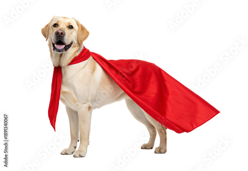 Yellow Labrador retriever wearing red superhero cape front view heroic stance happy smiling, isolated on a transparent background © Tanicsean