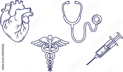Detailed medical line art icons representing cardiology, diagnosis, and healthcare concepts.