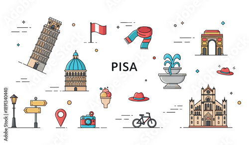 Iconic symbols of pisa: leaning tower, monuments, and italian culture illustrations