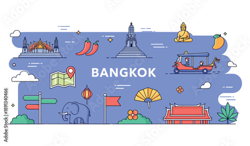 Colorful line art illustrations of bangkok icons and landmarks